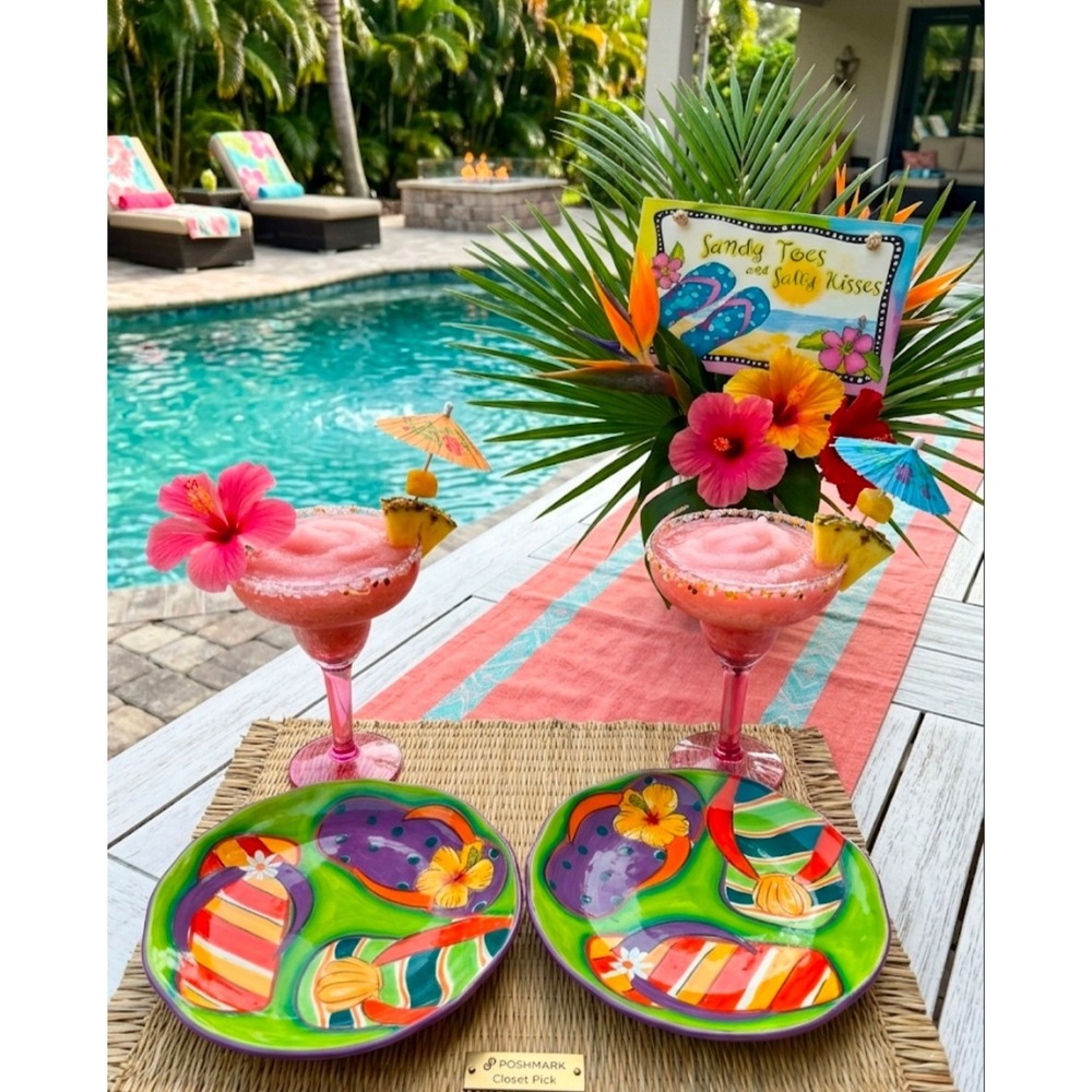 🩴 Poolside Vibe Bundle: 2 Clay Art Flip Flop Plates, 2 Margarita Glasses & Sign